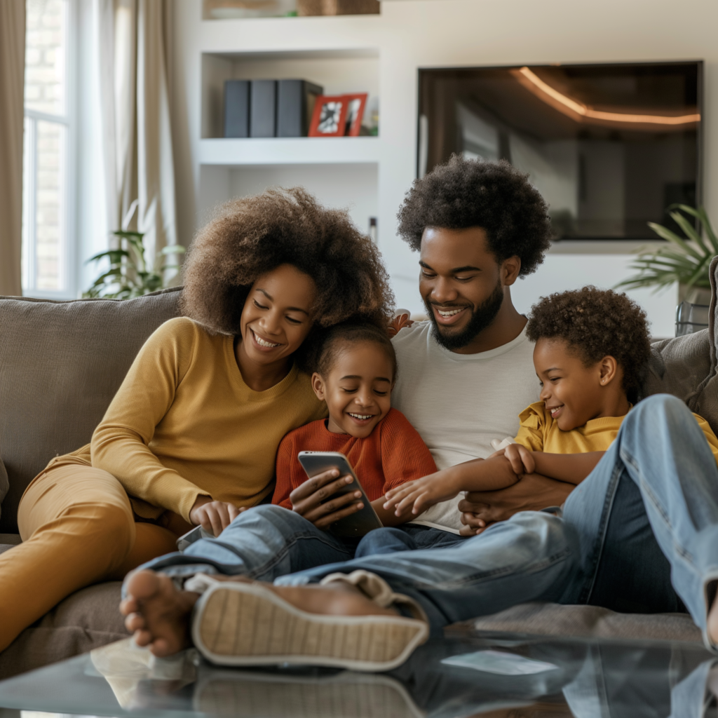 A happy family enjoying leisure time together at home.