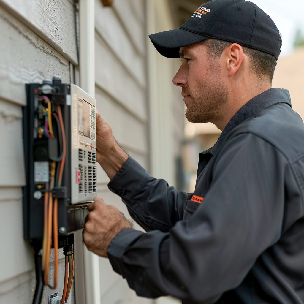 A technician adjusting a modern thermostat or servicing an HVAC unit.